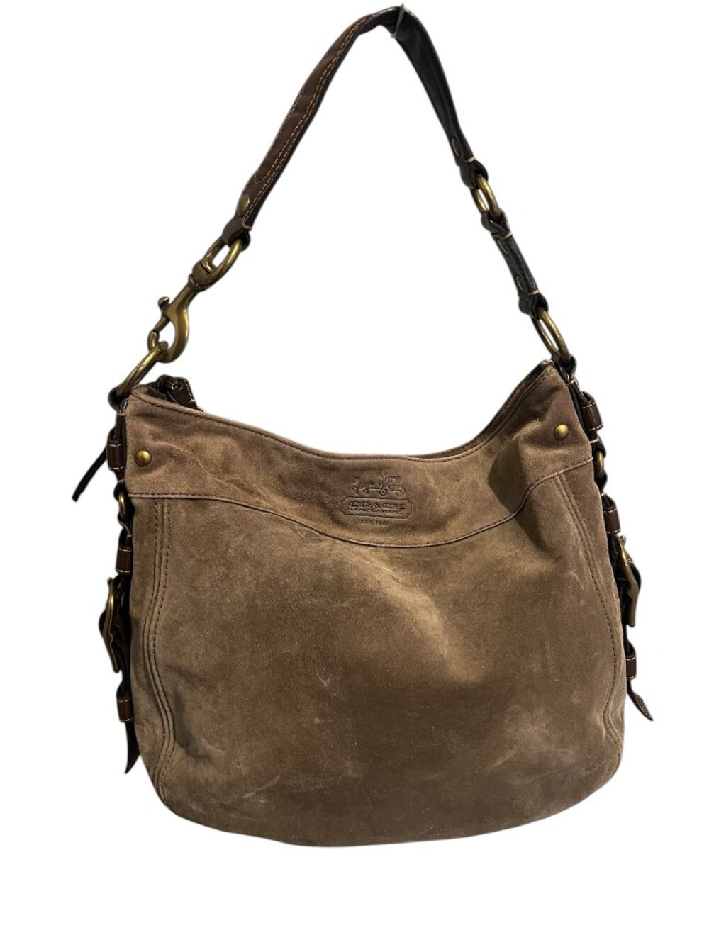 Coach Zoe Large Hobo Taupe Suede Brown Leather Trim Shoulder Bag Slouchy - Picture 2 of 9